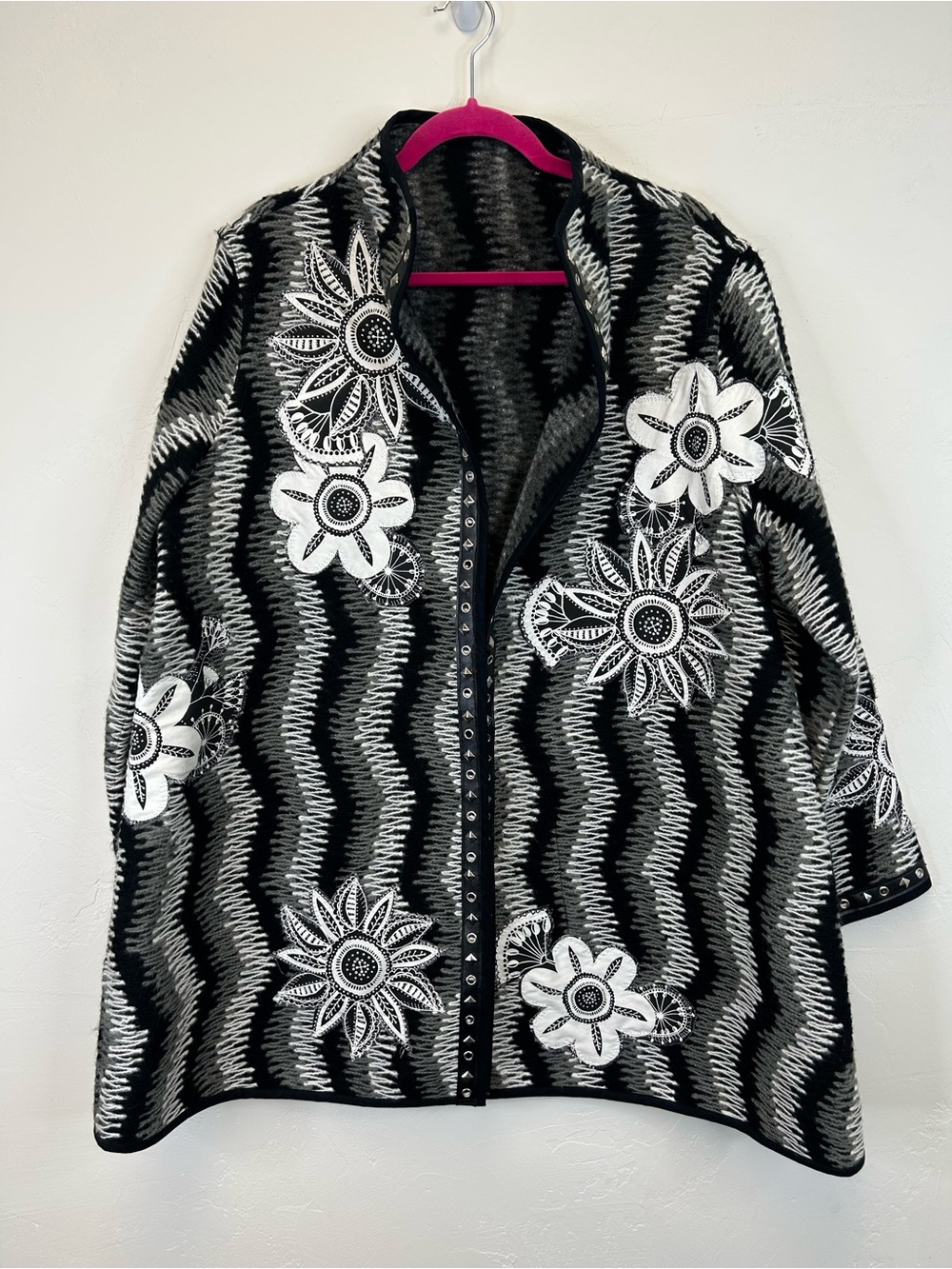 Patchwork Floral Knit Cardigan Jacket Open Front Mod Studs Whimsigoth Artsy